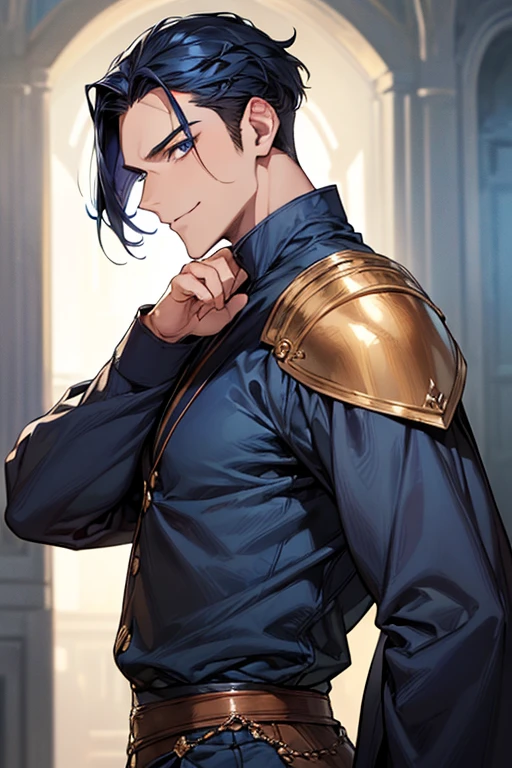 ((muste piece)), ((best quality)), ((brown skin)), ((dark blue eyes)), ((Dark blue hair))、handsome man , ((very very short hair、No bangs、Forehead、all back)), masculine、tall、sexy、Adult man、Three white eyes、handsome man、Kowamote、firmly、muscular、broad shoulders、smile、wild、とてもwild、