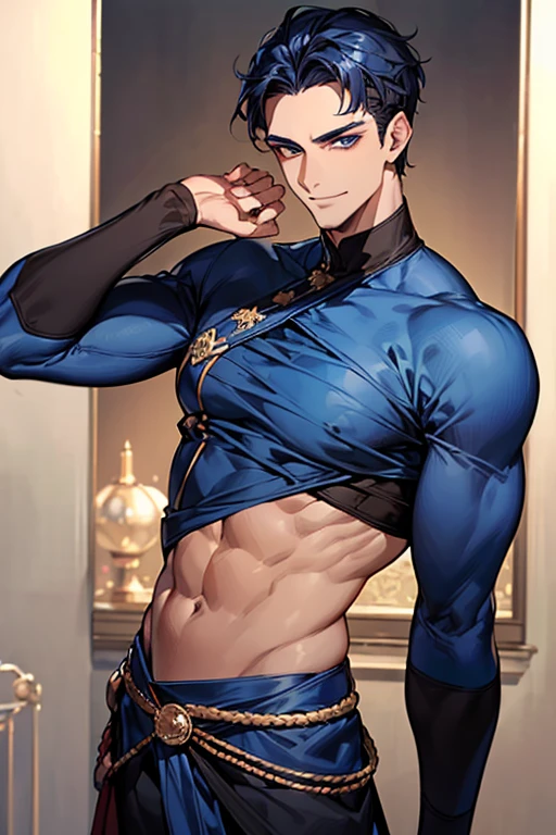 ((muste piece)), ((best quality)), ((brown skin)), ((dark blue eyes)), ((Dark blue hair))、handsome man , ((very very short hair、No bangs、Forehead、all back)), masculine、tall、sexy、Adult man、Three white eyes、handsome man、Kowamote、firmly、muscular、broad shoulders、smile、wild、とてもwild、