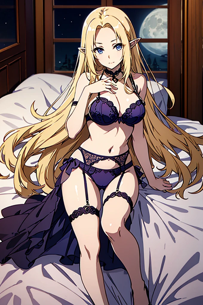 4kqulity、highest quality、、big breasts、)on the bed、show me your chest、************、sexy pose、bewitching legs、solo、purple lace moon bra、Purple ruffled panties、garter belt、、blonde long hair、blue eyes、elf ears、