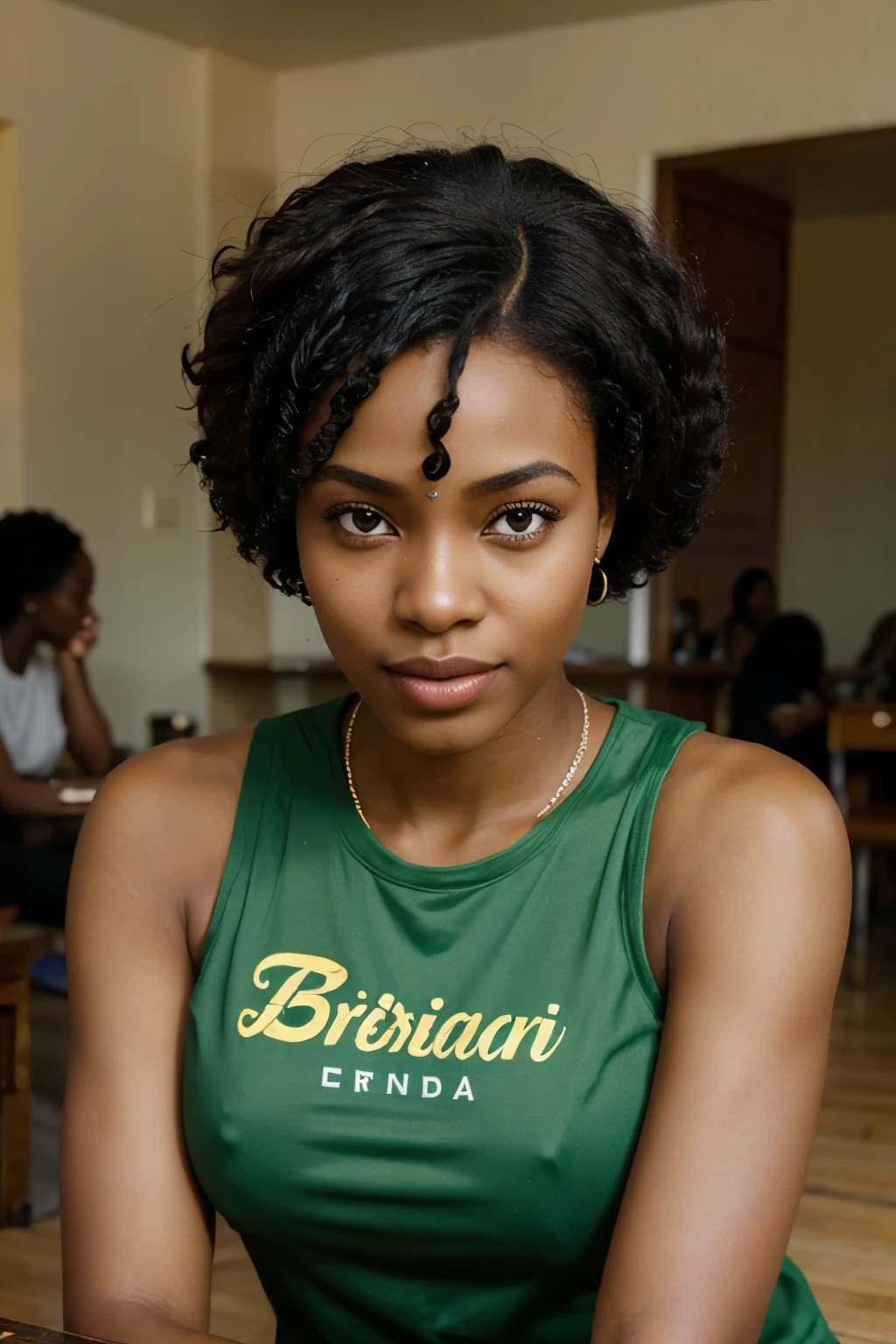 A female AI model of East African descent, possibly resembling the beauty standards of Burundi or Rwanda. She has the rich, dark skin tone often associated with African heritage. Her hair is styled in a modern African manner, perhaps in beautifully an afro, showcasing the unique and diverse hair textures found in Africa. Her body, in line with East African aesthetics, is strong and graceful with striking eyes, and a warm, captivating smile green t shirt show her hand nails drinking vodka on a table with her friends from school