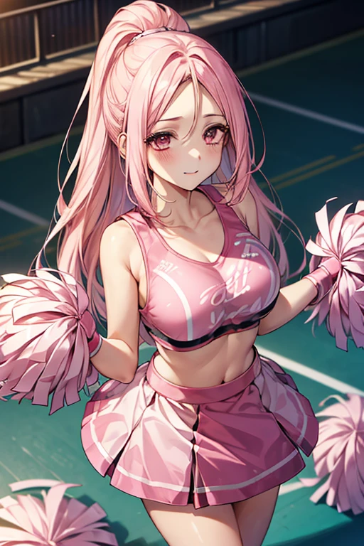 (細かく描かれたbeautiful目: 1.2), (small eyes and small face:1.3), (beautiful and clear background:1.2), (とてもbeautiful: 1.1), very detailed, sharp focus, intricate details, Glossy skin、dense hair description, detailed eye description, high quality, best image quality, master piece, 最high quality, High resolution, super detailed, one woman, ((Pink hair and pink eyes)), (Cheerleader:1.5), (pom pom:0.5), I'm rooting for you, (best smile), Angle of looking up、big breasts、perfect style、世界一beautiful、an illustration of a girl dressed in a cheer leading outfit poses for the camera in a yard, 1 girl, alone, pom pom (cheer leading), Cheerleader, pink shoes, pink skirt, raise your arms, absurd, 8K, High resolution, super detailed, beautiful, table top, 最high quality, very cute woman, young, sexy, (very big breasts:1.5), detailed woman&#39;s face, very attractive、Basketball court
