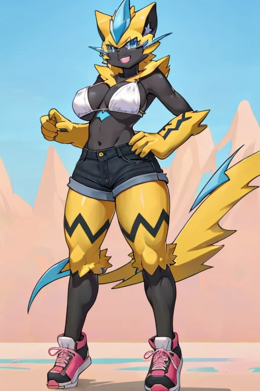 ((Zeraora)), anthropomorphic, big boobs, big ass, pokemorph, (((1girl))), (((white bikini top))), (black denim short shorts), cute and sexy, (black low heels), slender, yellow skin, (pink tinted glasses), long legs, smiling