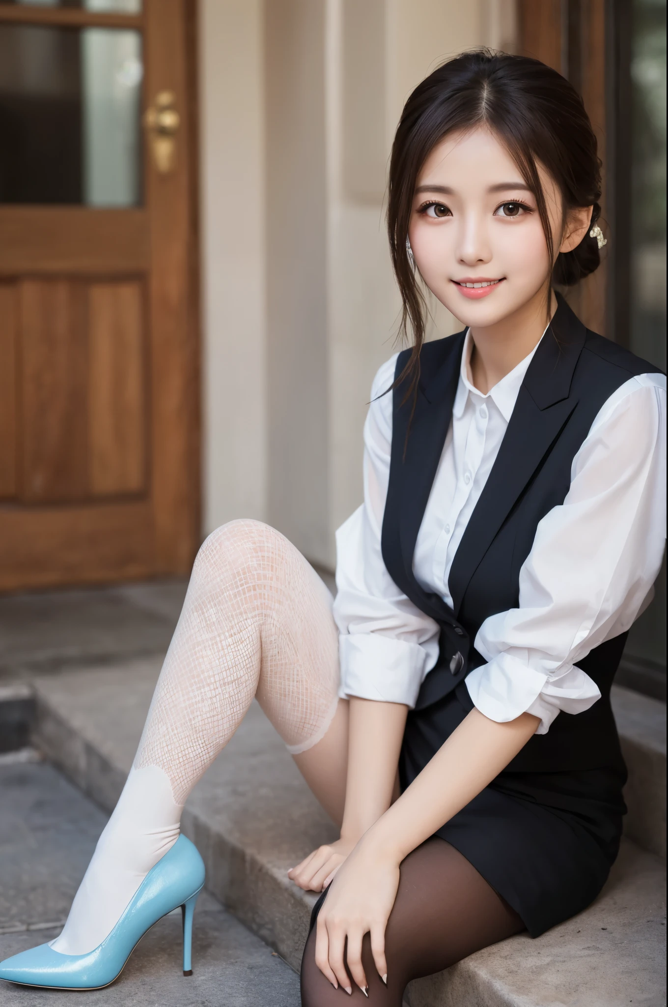 Ulchan-6500-v1.1, (RAW photo:1.2), (Photoreal), beautiful detailed girl, (genuine: 1.4), very detailed目と顔, beautiful and fine eyes, Vests with various patterns、((Sitting with legs aligned:1.3))、(super realistic pantyhose:1.2), (high heels)、((Business service))、(very affectionate smile:1.2)、huge file size, High resolution, very detailed, highest quality, [masterpiece:1.6], enlightenment, very detailed, finely, highest quality, 8k wallpaper, movie lighting, 1 girl, 26 years old, perfect body shape, Cute droopy eyes、beautiful big eyes、highest quality, 1 girl, eye shadow, Upper body, portrait, ((full body shot:1.3))、