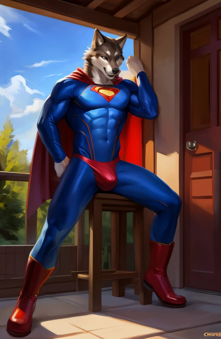 full hd, hi res, solo, male, brown fur color, wolf, muscular, tired expression, bedroom eyes, licking lips, tight spandex bodysuit, superman costume, (solo: 1.1), (detailed), (masterpiece: 1.2), (fullbody), red long cape, red speedo, red boots, bulge, masturbating, detailed bulge, erection under the costume, precum through clothing, tail raised, by chunie, at house backyard
