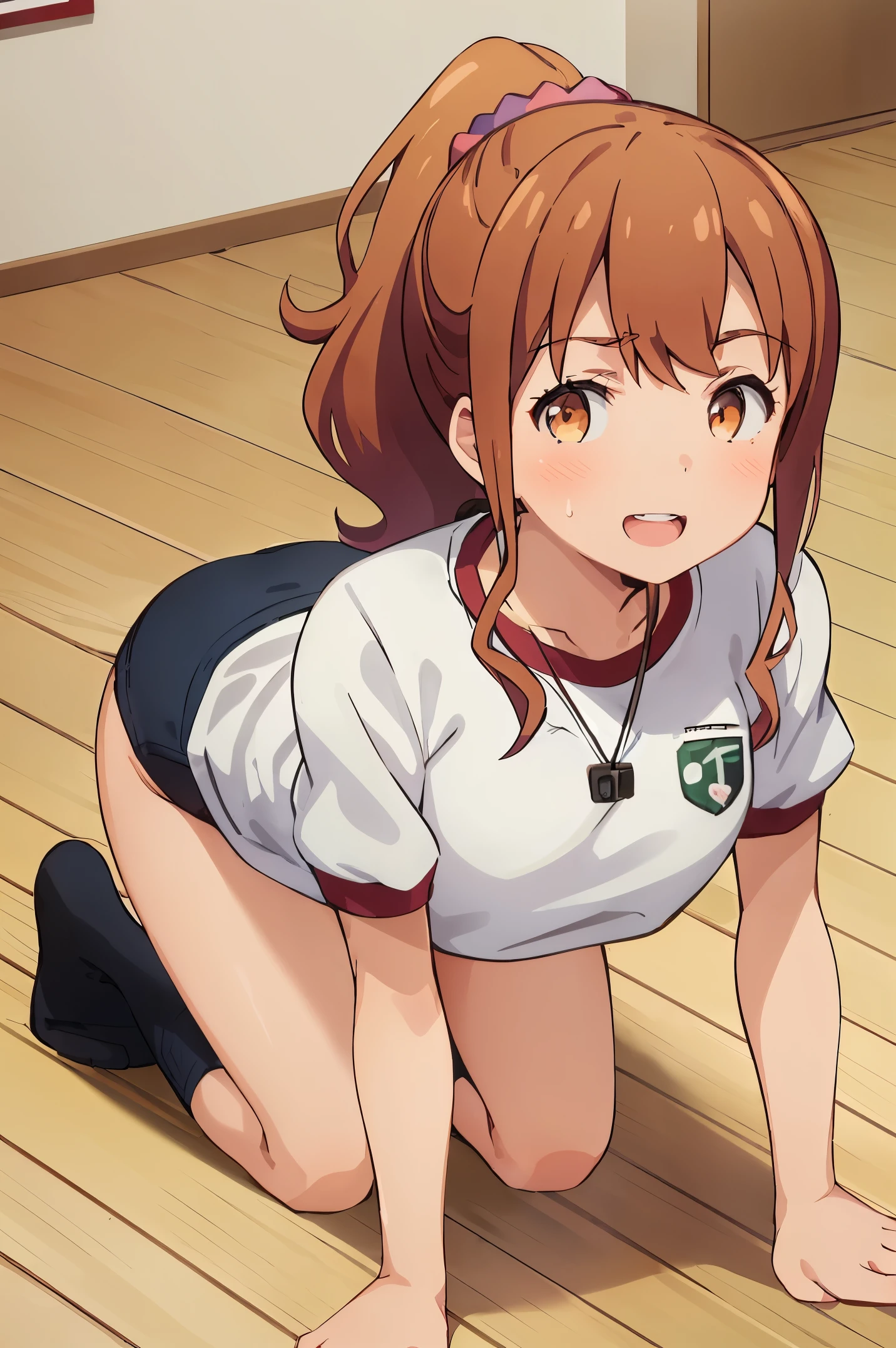 highest quality, (masterpiece:1.2), very detailed,
outdoor, cloud,
Megumi Kamino,
1 girl, alone, Are standing, looking at the viewer, open your mouth, smile, teeth,
brown hair, ponytail, brown eyes, Scrunchie, Heart Necklace,
,(((black buruma, school, gym shirts, white t-shirts, gym uniform, Photo of girl in wooden floor school gym room))),buruma is bikini type ,dynamic angle ,all fours,crawling,sweat,