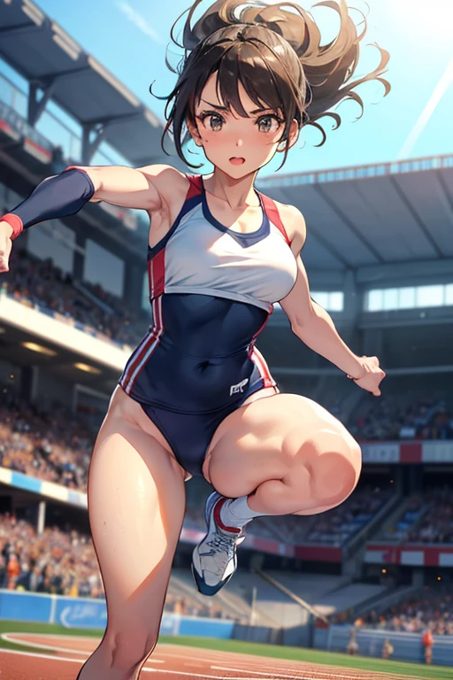 pole vault、beautiful mature woman、arena、athlete