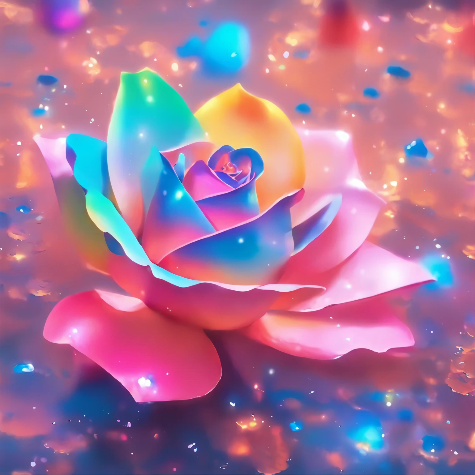 radiant rose，rainbow colored petals,Radiate the rays of the sun and moon，Crystal material，Optical，clean，reflective，refraction，Ray tracing，watercolor风格，watercolor，Smudge，Super detailed，Surreal，Super real photos，best quality