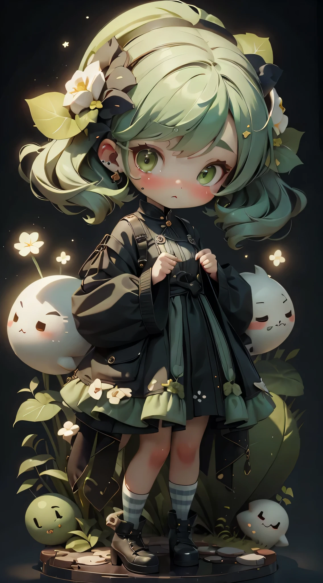 plastican00d， 1 girl， Chibi T-Shi，green hair， luxurious fabrics， Jitter，looking at the audience， Striped background