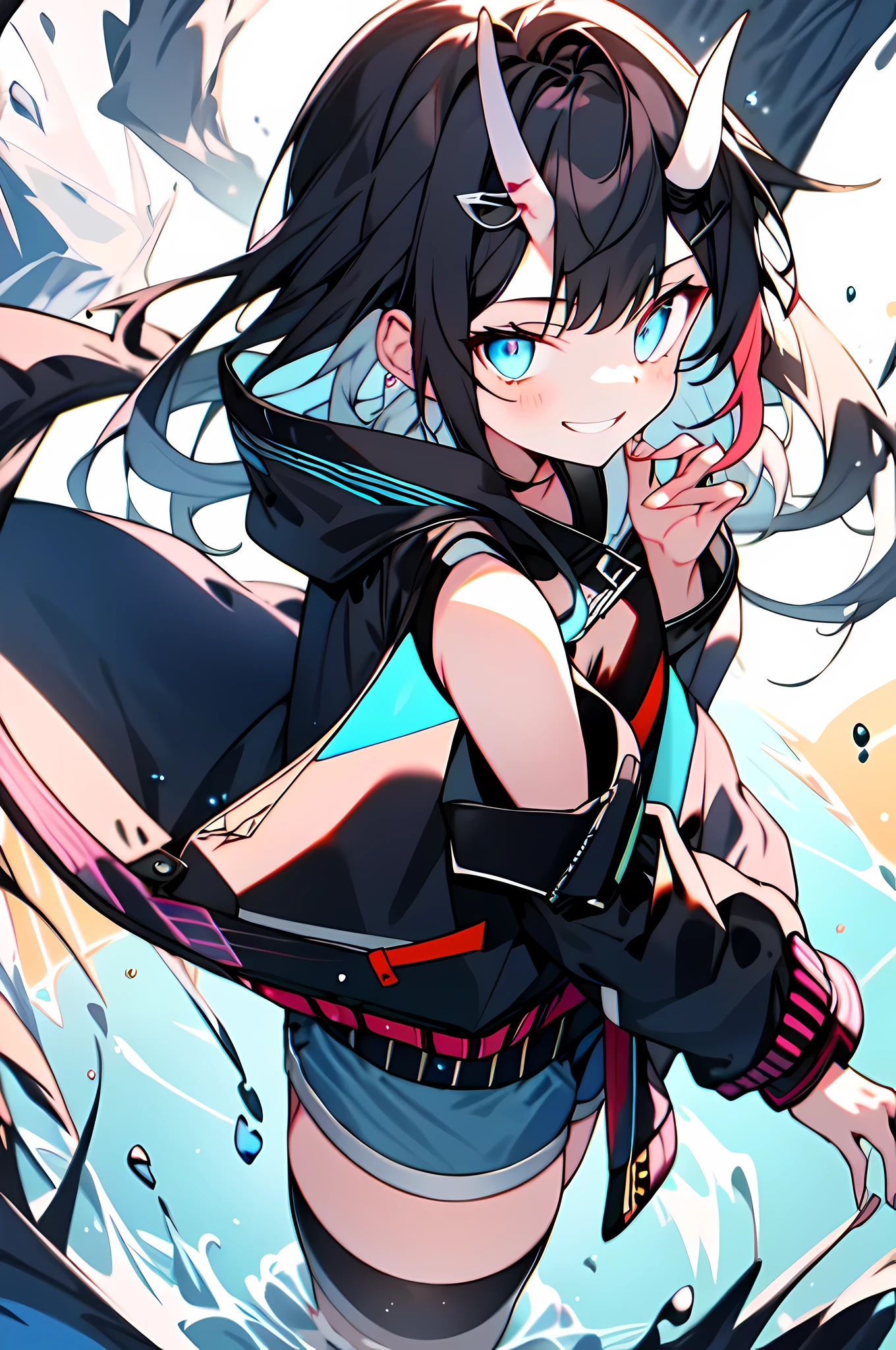 ((top quality)), ((Masterpiece)), ((Super detailed)), (extremely delicate and beautiful), 女孩and, solo, cold attitude,((black jacket)),She is very(Relax)and(settle down)It seems,A black-haired one, depth of field,evil smile,bubble, under water, bubble,bright light blue eyes,Internal color is black hair with light blue tips,cold background,Bob Hair - Linear Art, shorts、knee socks、camisole lined shirt