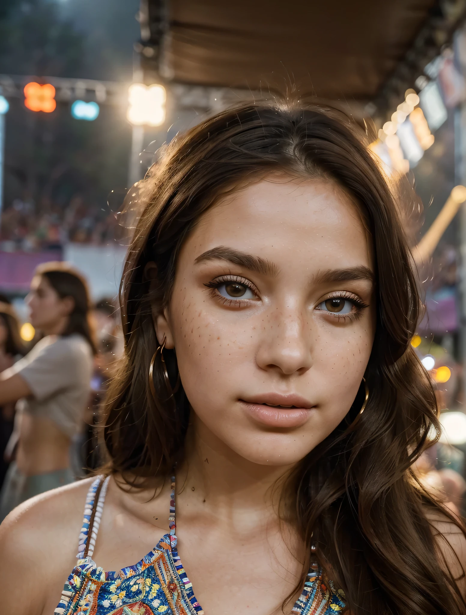 ((Best Quality)), ((Masterpiece)), (Detailed) Perfect face realistic photo of a beautiful woman with long dark brown hair, Russian influencer, light freckles, dark brown eyes, big lips, no makeup:
Prompt: Dancing at a lively music festival in a boho-chic ensemble, with colorful lights and energetic crowds.