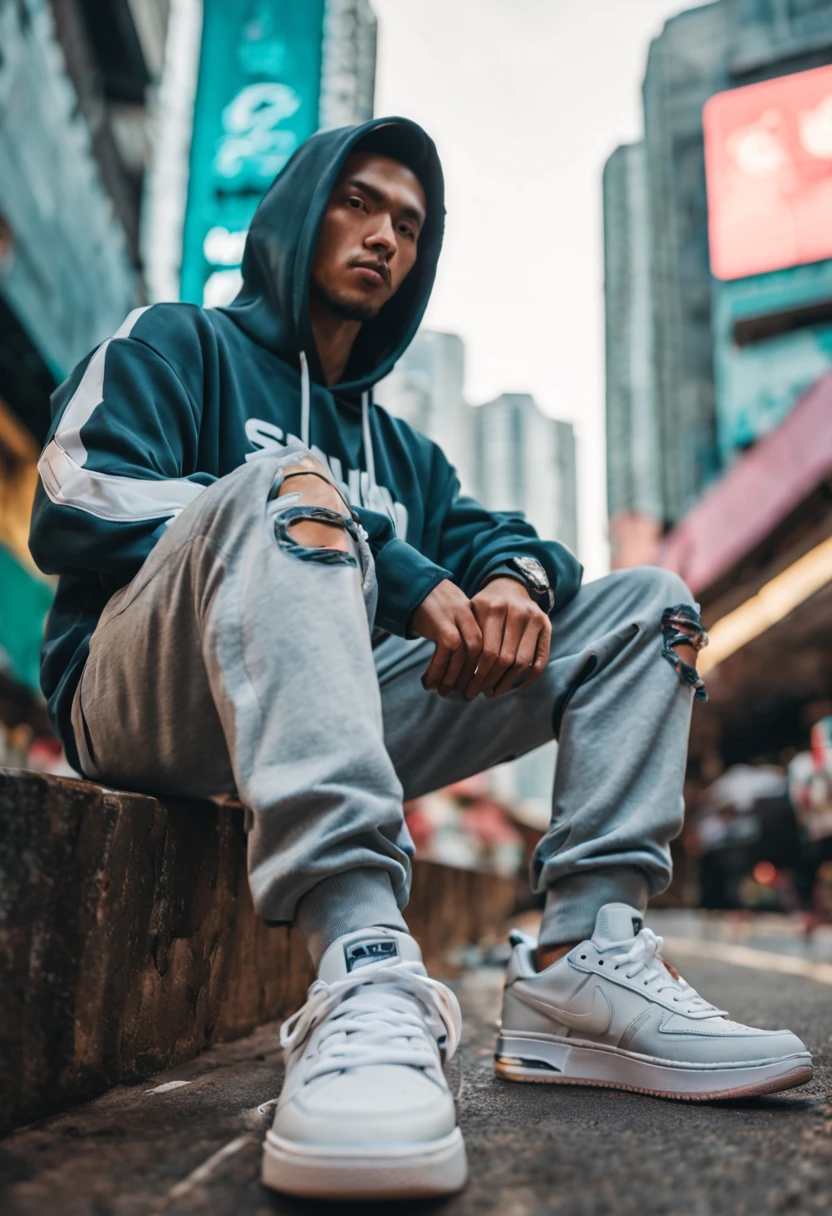 Dynamic angle photoshoot, low angle, sneaker pov, cyberpunk man wearing sneakers, hoodies, soft lighting, on the streets of Kuala Lumpur