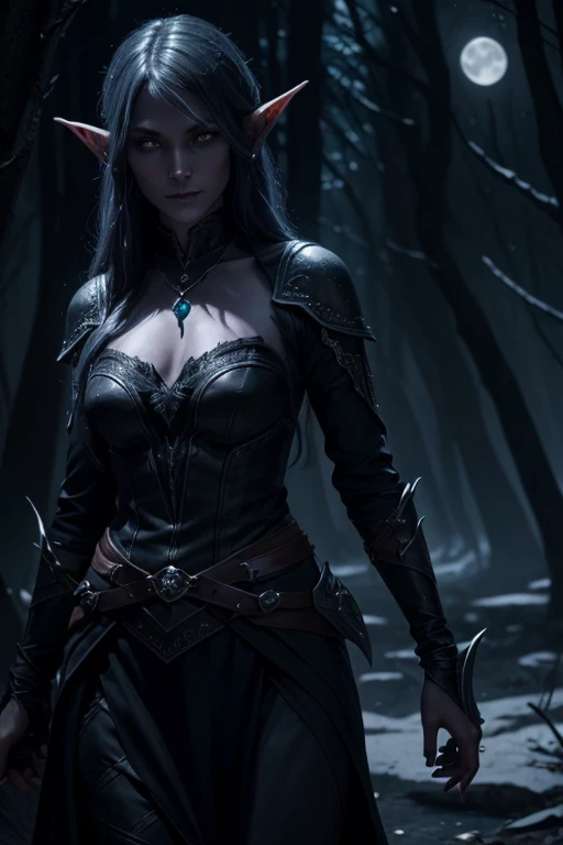 (a rogue drow elf:1.1,with black hair),dark and mysterious,elven assassin,nocturnal aura,stealthy figure,cunning smile,piercing gaze,deadly weapons,tattooed sleeves,enchanted daggers,emerald eyes,purple-black lipstick,leather armor,moonlit forest,shadowy hideout,starlit skies,moonlight glinting on her blades,mysterious aura,dangerous beauty,wisps of magic,dancing shadows,silent footsteps,glimmering moonstone necklace,ancient elven script,unseen in the darkness,swift and agile movements,eerie silence,night's embrace,rogue among rogues,feared and respected,haunting melodies,moonlit dance of blades,(highres:1.2),detailed textures,glimmering moonlight,deep shadows,subtle gradients,ethereal atmosphere,elven elegance,hint of danger,sublime artistry,hauntingly beautiful,mesmerizing charm,dark arts mastery