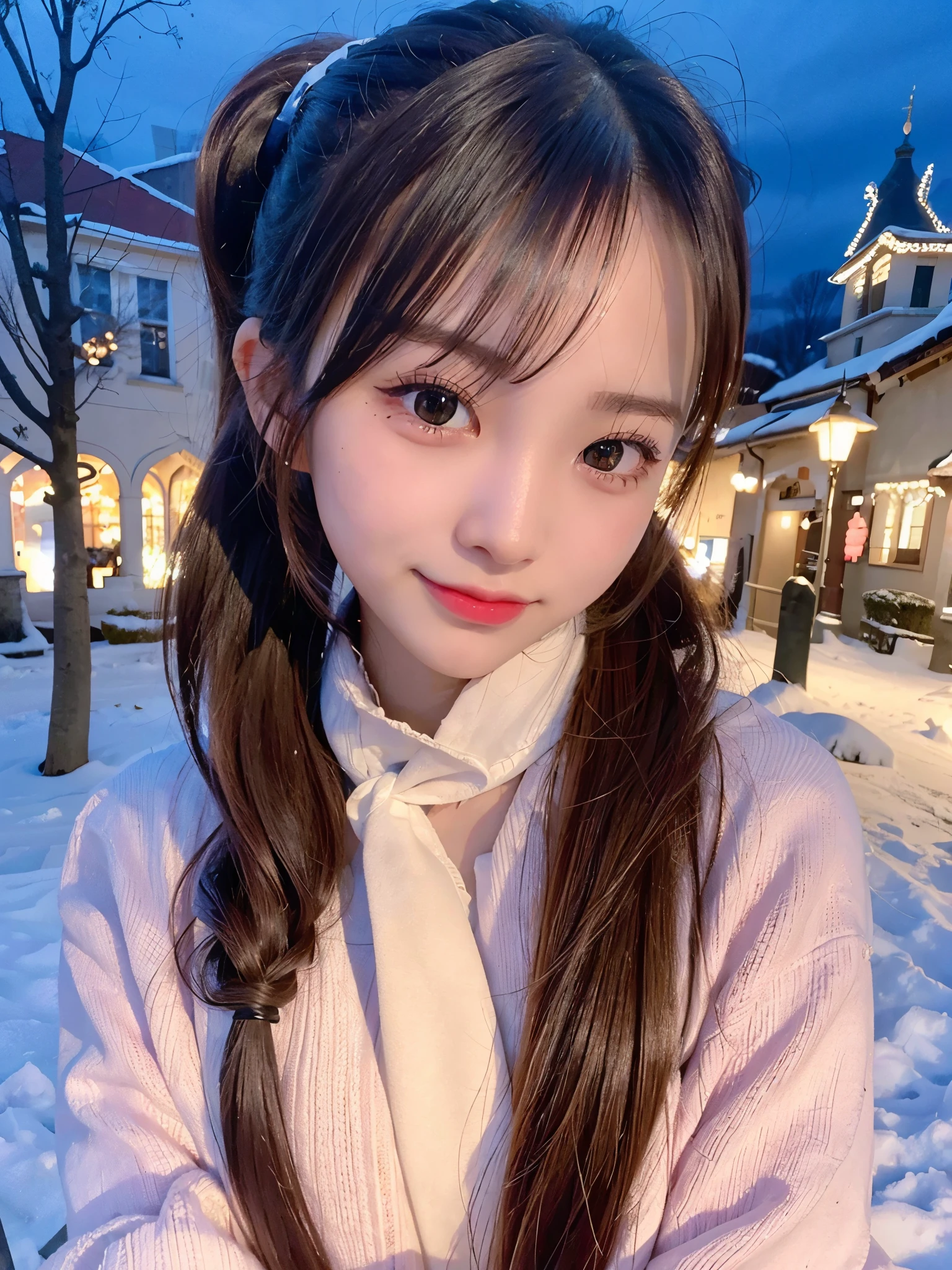 blush,long hair ponytail,big ribbon in her hair,(8K, Raw photo, best quality, muste piece:1.2), (Reality, photorealistic:1.4), (Highly detailed 8K wallpaper), sharp focus, Depth of bounds written, cinematic lighting, soft light, detailed beauty eye,Shiny and smooth light brown ponytail, asymmetrical bangs, shiny skin, super detailed skin ,high resolution, high detail, detailed hairstyle, detailed beauty face, hyper real, perfect limbs, perfect anatomy ,1 Japanese girl,famous japanese idol, perfect female body,shy smile,short eyelashes,double-edged eyelids,look straight here,Hair style ponytail,wear a ribbon, office,long ponytail hairstyle,Wearing scrunchies,wearing a long coat,The Street,stand straight and pose,So that the whole body can be seen,winter,warm clothes,look straight at me,wearing a scarf,It's snowing,european cityscape,cobblestone road,European churches can be seen in the background,in front of a church in europe,night time,illumination shining, from below:1.4