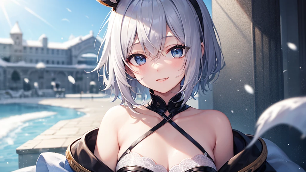 super high quality, with a girl, 20-year-old, とてもshort hair, long bangs between the eyes, pale blue eyes , blue sky, sunlight, very detailed,(masterpiece、highest quality)、alone、gray hair、laughter、White skin as clear as snow、fantasy, silver hair, black eye, beautiful eyes,smile, ecstasy, charm, be smitten with audience, short hair,fantasyな風景,