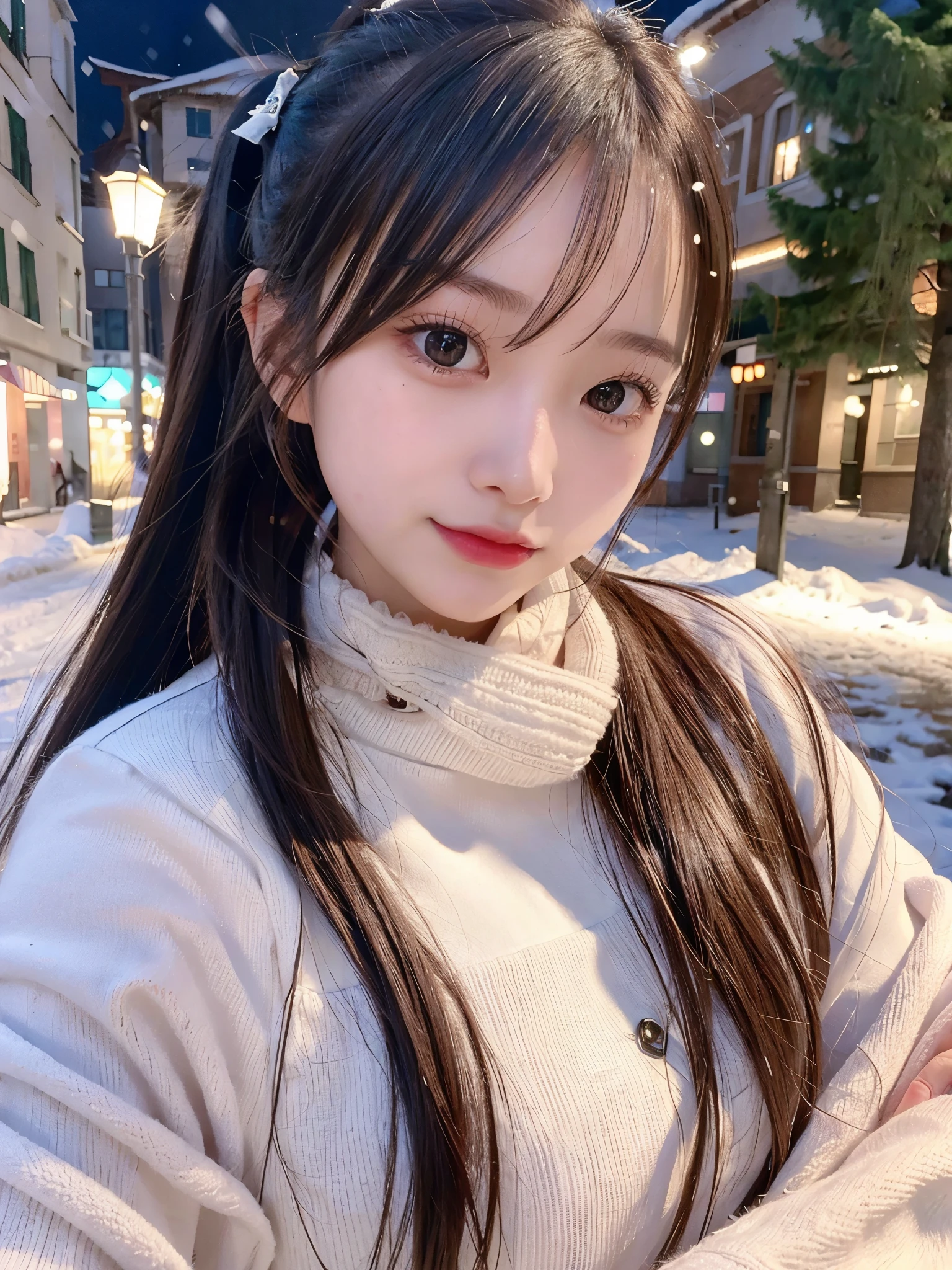 blush,long hair ponytail,big ribbon in her hair,(8K, Raw photo, best quality, muste piece:1.2), (Reality, photorealistic:1.4), (Highly detailed 8K wallpaper), sharp focus, Depth of bounds written, cinematic lighting, soft light, detailed beauty eye,Shiny and smooth light brown ponytail, asymmetrical bangs, shiny skin, super detailed skin ,high resolution, high detail, detailed hairstyle, detailed beauty face, hyper real, perfect limbs, perfect anatomy ,1 Japanese girl,famous japanese idol, perfect female body,shy smile,short eyelashes,double-edged eyelids,look straight here,Hair style ponytail,wear a ribbon, office,long ponytail hairstyle,Wearing scrunchies,wearing a long coat,The Street,stand straight and pose,So that the whole body can be seen,winter,warm clothes,look straight at me,wearing a scarf,It's snowing,european cityscape,cobblestone road,European churches can be seen in the background,in front of a church in europe,night time,illumination shining, from below:1.4
