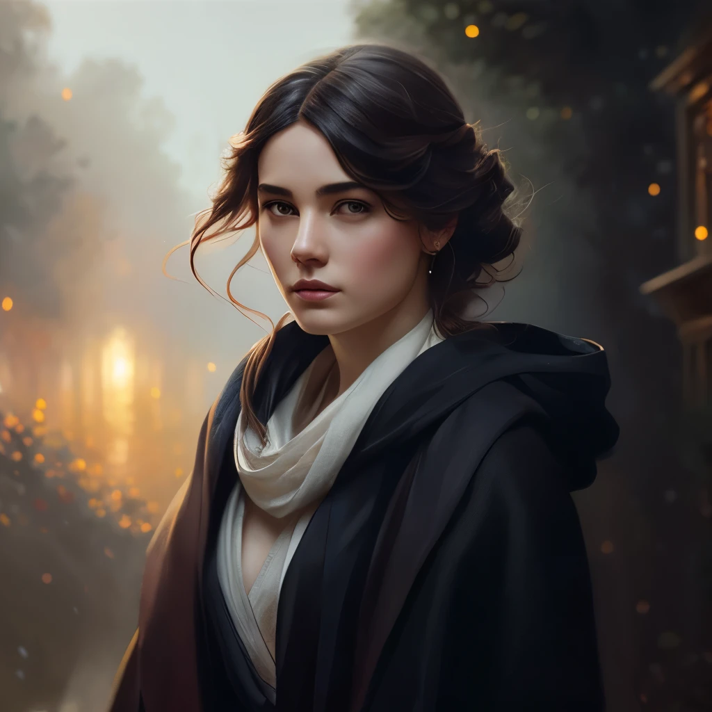 Retrato de Emb-Rebecca con el pelo largo y negro en la niebla, cinematic lighting, photorealista, recargado, intrincado, realista, Detallado, volumetric light and shadow intrincado, elegante, highly Detallado, Pintura digital, Artstation, Arte conceptual, Suave, sharp focus, illustration, Arte de Artgerm y Greg Rutkowski y Alphonse Mucha, super Detallado