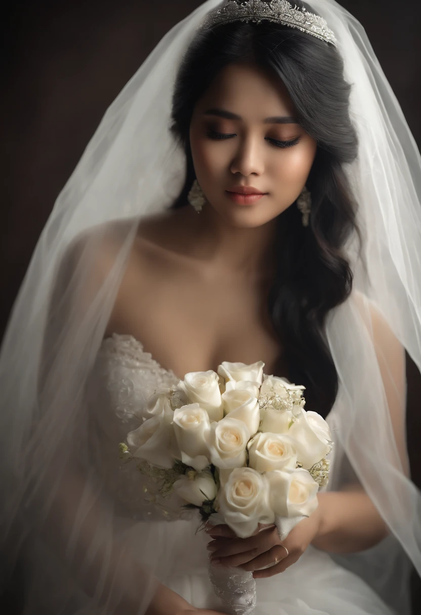 ultra realistic photo, full body, standing, of a beautiful woman from Indonesia, 20 years old, in jugle, dark background, she is just wearing a white bra and underpants, her feet and hands are wearing bridal stockings, her long black hair is blowing in the wind, her head is wearing short Wedding veil a bridal ornament, perfectly proportional body. Sad face and sharp gaze, hands holding flowers. Soft lighting, front lighting, lighting focus on models