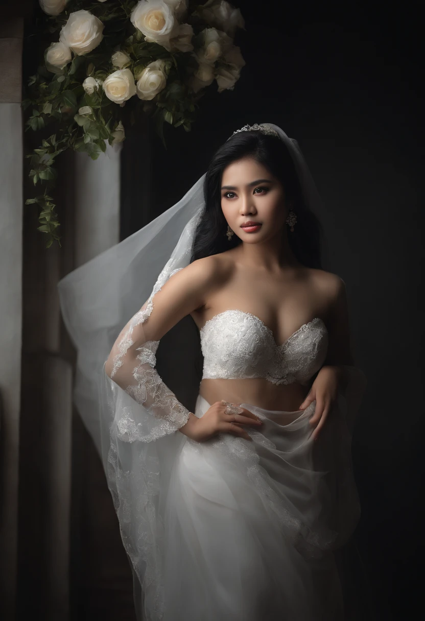 ultra realistic photo, full body, standing, of a beautiful woman from Indonesia, 20 years old, in jugle, dark background, she is just wearing a white bra and underpants, her feet and hands are wearing bridal stockings, her long black hair is blowing in the wind, her head is wearing short Wedding veil a bridal ornament, perfectly proportional body. Sad face and sharp gaze, hands holding flowers. Soft lighting, front lighting, lighting focus on models