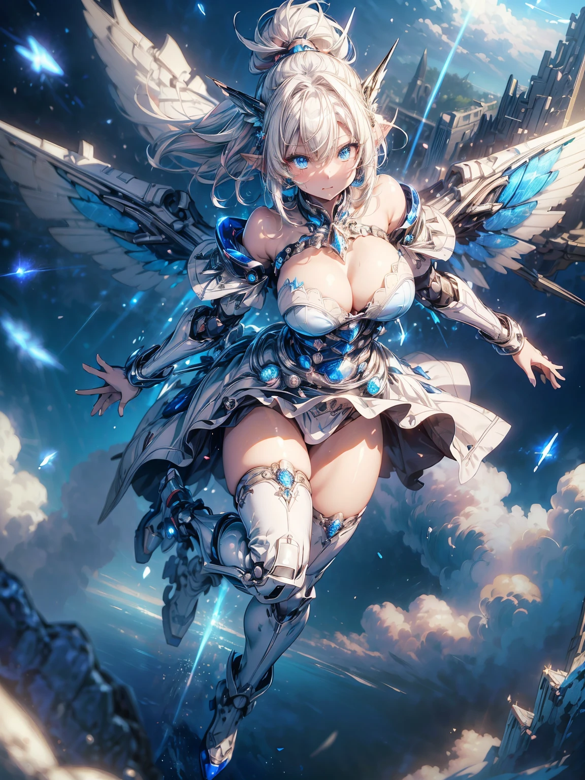 (masterpiece、highest quality, wonderful, very detailedティッカーユニティ、8k wallpaper, written boundary depth, Ultra-fine illustration:1.5)、。.。.。.。.3D, very detailed, (Full body Esbian、Mecha elf girl:1.3), sci-fi battlefield, Hawken, smile, open your mouth、short ponytail hair, (white blonde hair, deep blue eyes:1.2), sparkling eyes, cute顔, cute, big breasts, delicate hair, messy hair, (((Flying high in the sky))、blue sky, White cloud), shiny hair, shiny skin, (Symmetrical mechanical winetallic colored mechanical wings that are widely expanded to the left and right so that they protrude wonderfully from the screen, bite, white hair ornament), (particles of light, cinematic lighting: 1.3), (pale pink lips: 0.8), by Yusuke Murata.