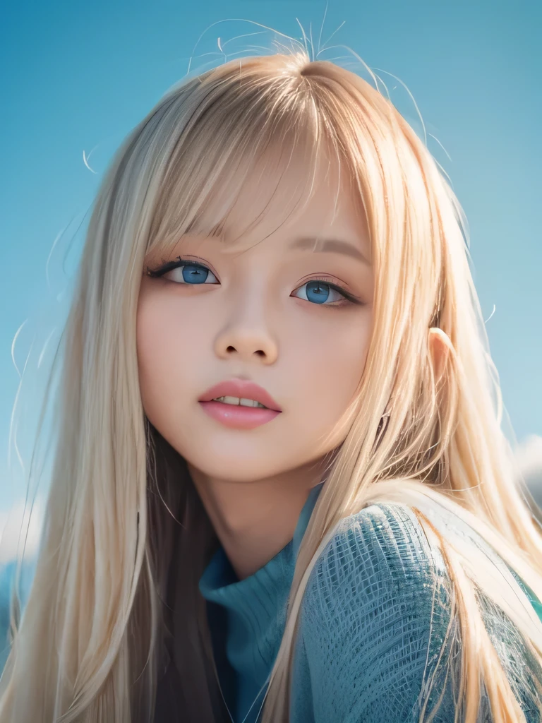 Sexy and very beautiful face、Super long silky blonde hair、Twin-tailed、A -yeld wisexy bangs that swings、Cute little face、hair over eyes、Hair above one eye、hair between eye、Very beautiful bright pale sky blue big eyes、Very big eyes、Short face、The most beautiful girl in the world、eye liner、very white and glowing skin、Teak Gloss、Cheek highlights、Smirking expression
