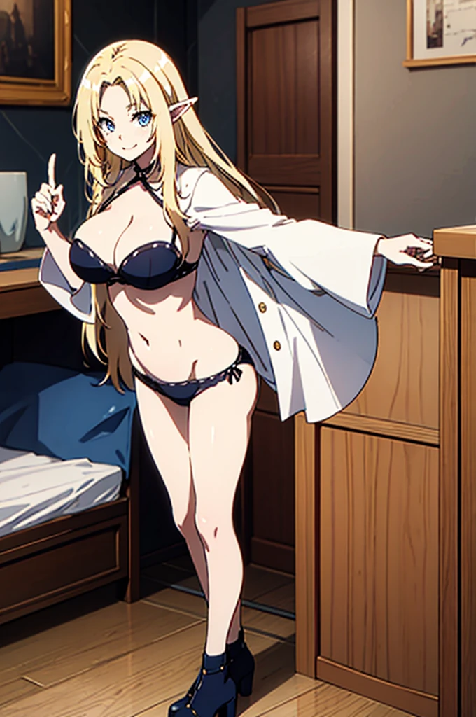 4kqulity、highest quality、、big breasts、)on the bed、valley、、sexy pose、bewitching legs、solo, tits, look at viewers, blush, blonde long hair、blue eyes、elf ears、smile、Naked with a towel wrapped around her、muscle growth、peace sign、sexy pose、embarrassing、medium breasts、full body standing、While viewing the BREAK viewer、 BREAK indoor、Bedroom