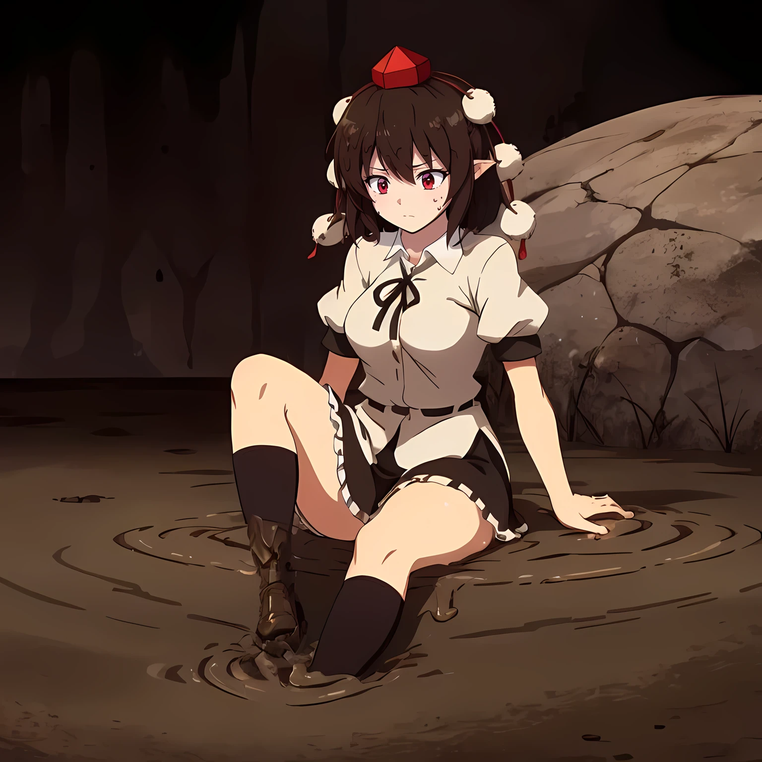 (1 girl,alone:1.4),East,(Shamei Maruaya:1.4),red eyes,black hair,short hair, pointed ears, white collared shirt,black skirt, fusion of caps & pom pom (Clothes),(muddy black knee high socks, muddy loafers:2), (muddy Clothes:1.3),(brown Clothes:1.3), (on mud, brown background, Muddy road:1.3), upset, panicked, flying sweat drops, head down,sitting,