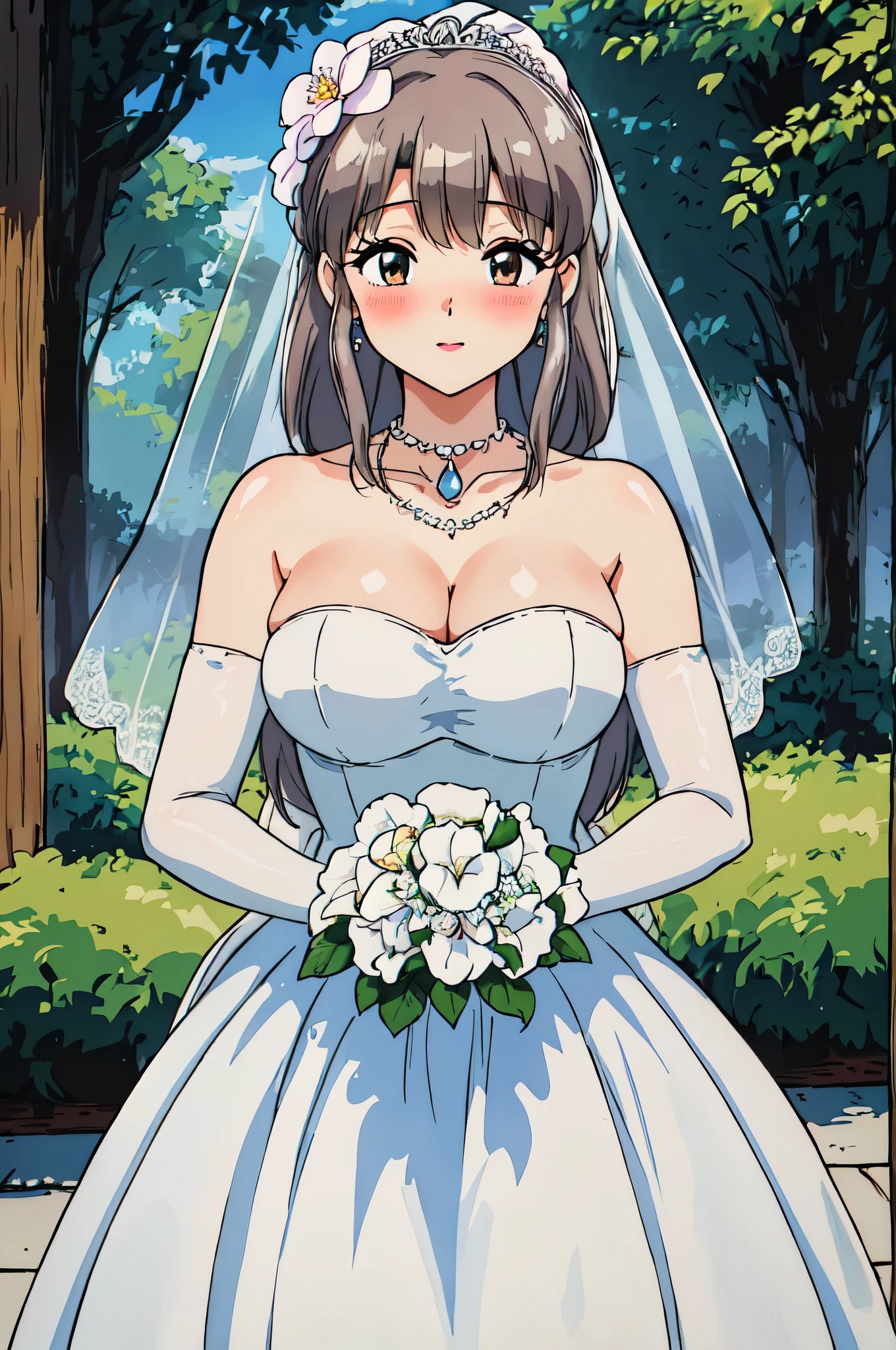  Kasumi_tendo，masterpiece, best quality, Detailed face, delicate eyes, high resolution, Close-up of beautiful bride wearing beautiful wedding dress,Gurwitz,(bridal veil:1.5），（Transparent short veil：1.5），Blushing face，Head flower，headgear，（tube top wedding dress：1.5），（Silk dress：1.2）,（Strapless wedding dress：1.5）,pure white dress，necklace，earrings，(large breasts:1.3)，Deep V peach heart collar wedding dress，Bangs，lipstick，（lace gloves：1.3）,whole body照,High detail RAW color art,Long white dress，whole body，Place your hands behind your back，