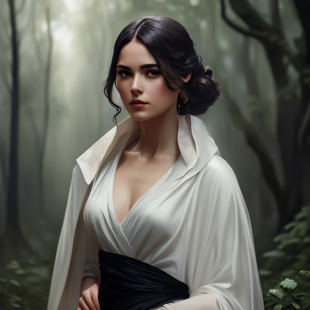 Retrato de Emb-Rebecca con el pelo largo y negro en la niebla, cinematic lighting, photorealista, recargado, intrincado, realista, Detallado, volumetric light and shadow intrincado, elegante, highly Detallado, Pintura digital, Artstation, Arte conceptual, Suave, sharp focus, illustration, Arte de Artgerm y Greg Rutkowski y Alphonse Mucha, super Detallado