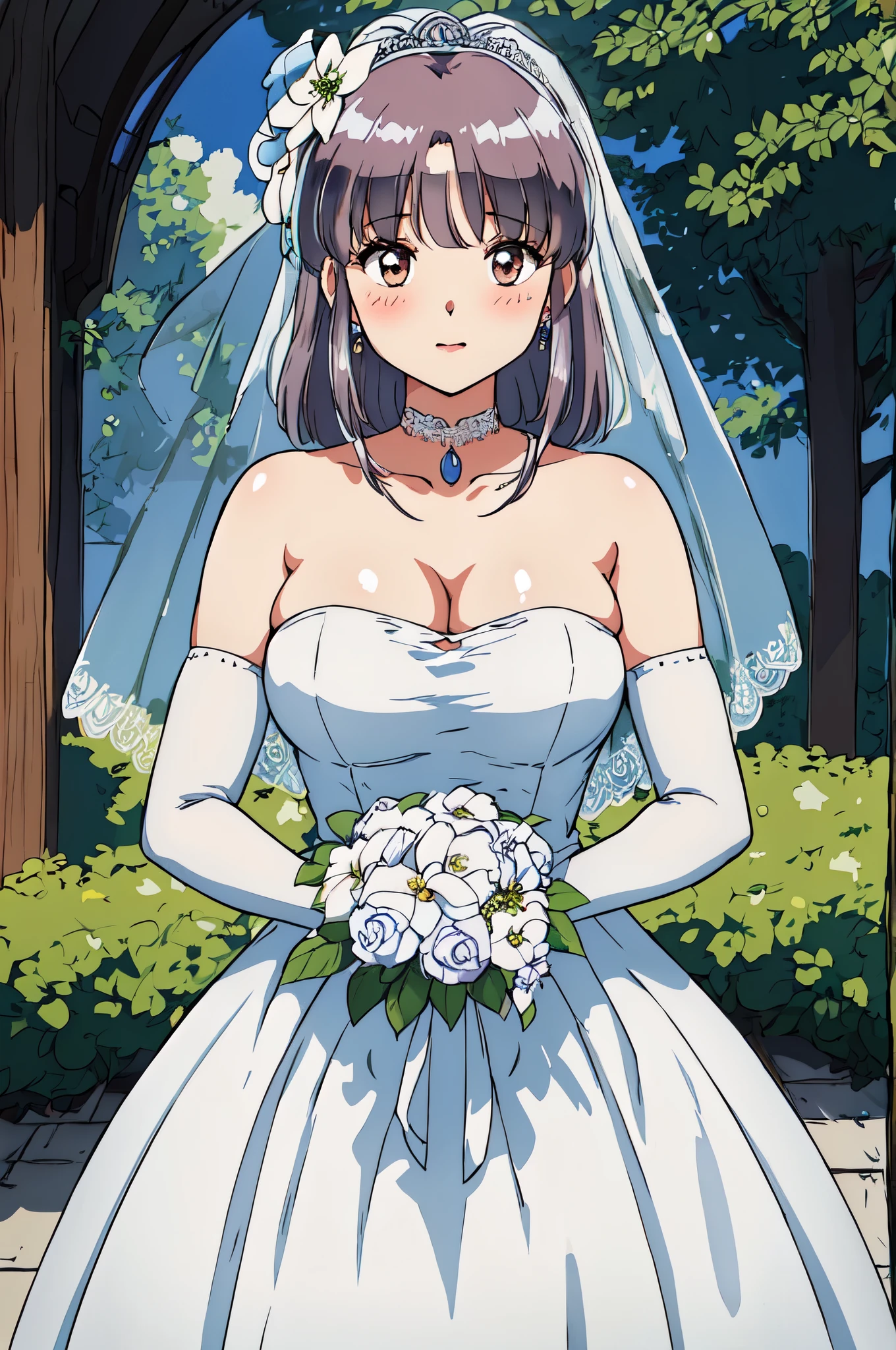  Akane_tendo，masterpiece, best quality, Detailed face, delicate eyes, high resolution, Close-up of beautiful bride wearing beautiful wedding dress,Gurwitz,(bridal veil:1.5），（Transparent short veil：1.5），Blushing face，Head flower，headgear，（tube top wedding dress：1.5），（Silk dress：1.2）,（Strapless wedding dress：1.5）,pure white dress，necklace，earrings，(large breasts:1.3)，Deep V peach heart collar wedding dress，Bangs，lipstick，（lace gloves：1.3）,whole body照,High detail RAW color art,Long white dress，whole body，Place your hands behind your back，