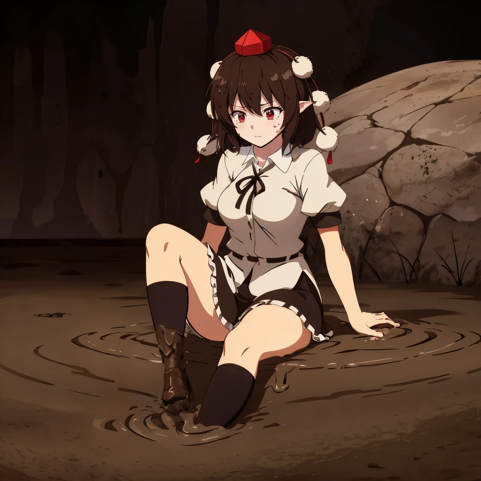 (1girl,solo:1.4),touhou,(shameimaru aya:1.4),red eyes,black hair,short hair, pointy ears, white collared shirt,black skirt, fusion of cap & pom pom (clothes),(muddy black knee-high socks, muddy loafers:2), (muddy clothes:1.3),(brown clothes:1.3), (on mud, brown background, mud ground:1.3), upset, flustered, flying sweatdrops, head down,sitting,