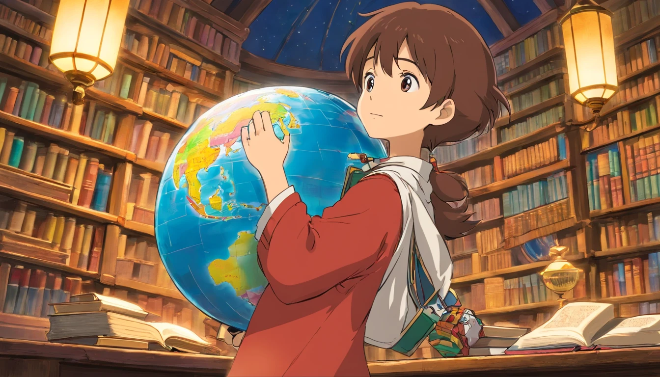 An artistic representation of a student holding a globe in their hands, with books stacked around them, symbolizing the interconnectedness of education and the idea of learning about the world and different cultures