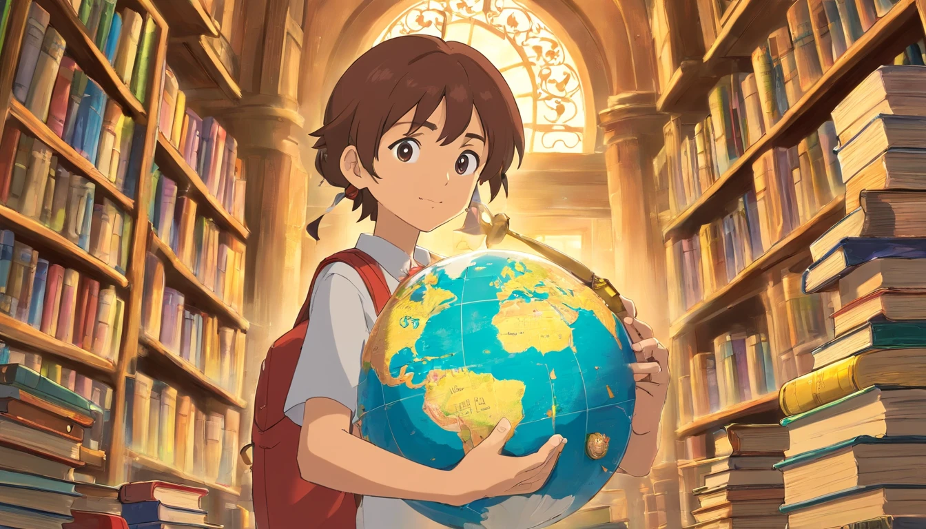 An artistic representation of a student holding a globe in their hands, with books stacked around them, symbolizing the interconnectedness of education and the idea of learning about the world and different cultures