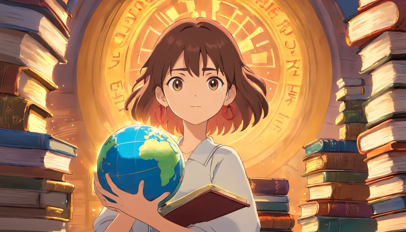 An artistic representation of a student holding a globe in their hands, with books stacked around them, symbolizing the interconnectedness of education and the idea of learning about the world and different cultures