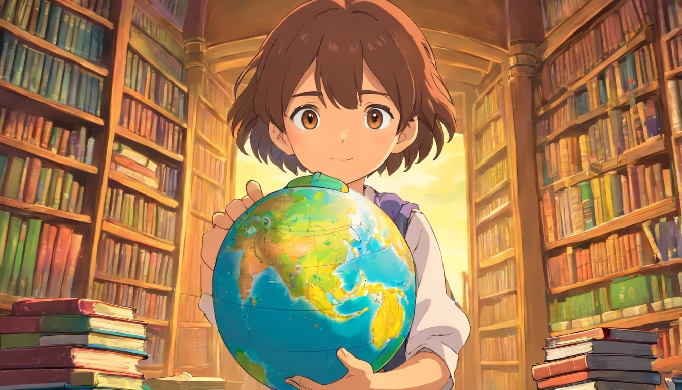 An artistic representation of a student holding a globe in their hands, with books stacked around them, symbolizing the interconnectedness of education and the idea of learning about the world and different cultures