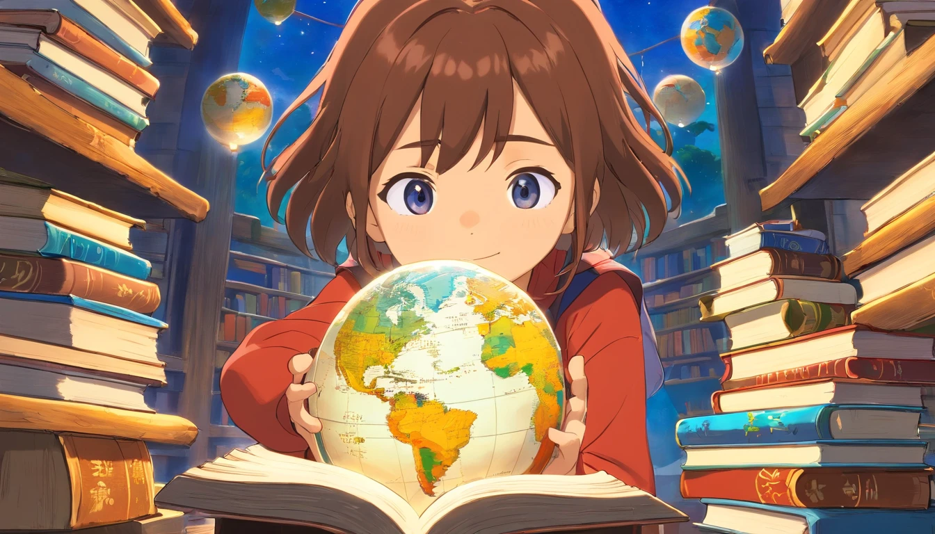 An artistic representation of a student holding a globe in their hands, with books stacked around them, symbolizing the interconnectedness of education and the idea of learning about the world and different cultures