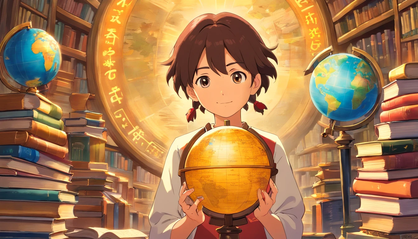 An artistic representation of a student holding a globe in their hands, with books stacked around them, symbolizing the interconnectedness of education and the idea of learning about the world and different cultures