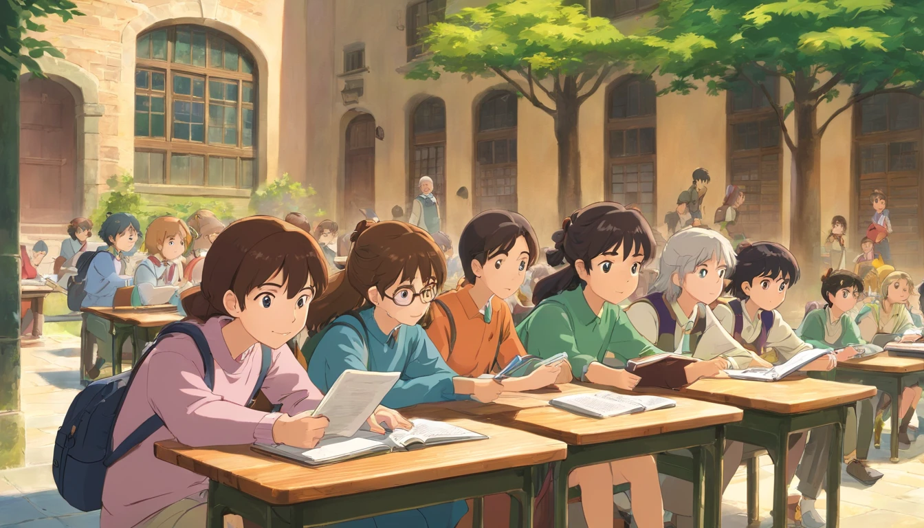 A high-resolution image capturing a diverse group of students sitting together in a school courtyard, engaged in a study session, with laptops, notebooks, and textbooks spread out on the table, demonstrating the importance of peer learning and collaboration