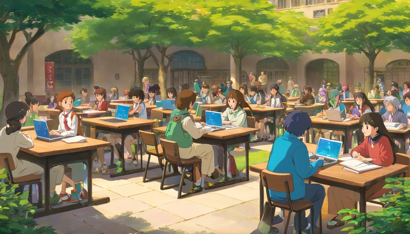 A high-resolution image capturing a diverse group of students sitting together in a school courtyard, engaged in a study session, with laptops, notebooks, and textbooks spread out on the table, demonstrating the importance of peer learning and collaboration