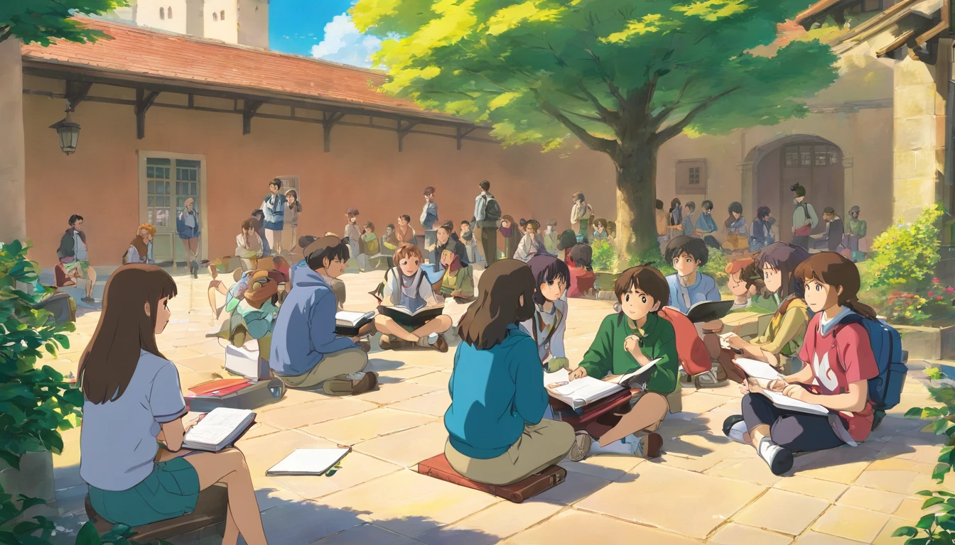 A high-resolution image capturing a diverse group of students sitting together in a school courtyard, engaged in a study session, with laptops, notebooks, and textbooks spread out on the table, demonstrating the importance of peer learning and collaboration