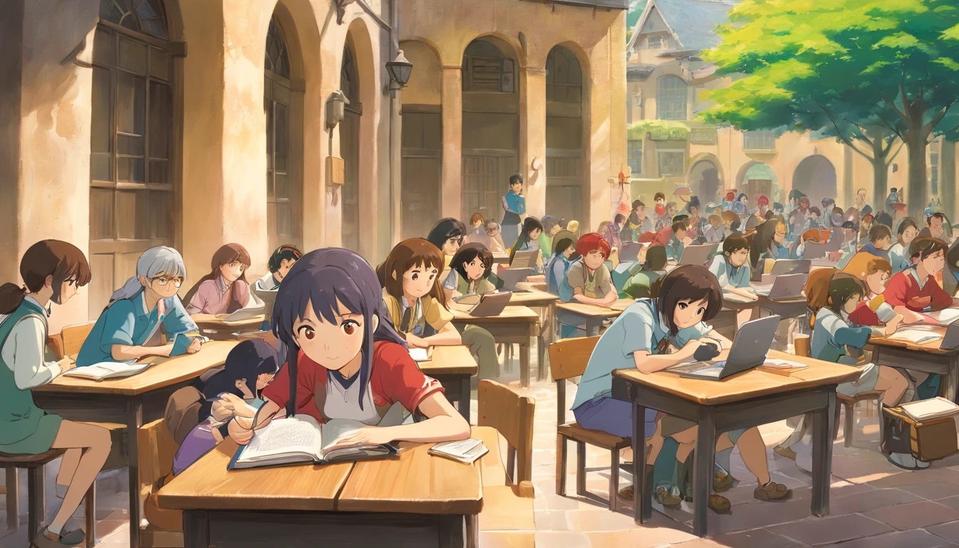 A high-resolution image capturing a diverse group of students sitting together in a school courtyard, engaged in a study session, with laptops, notebooks, and textbooks spread out on the table, demonstrating the importance of peer learning and collaboration
