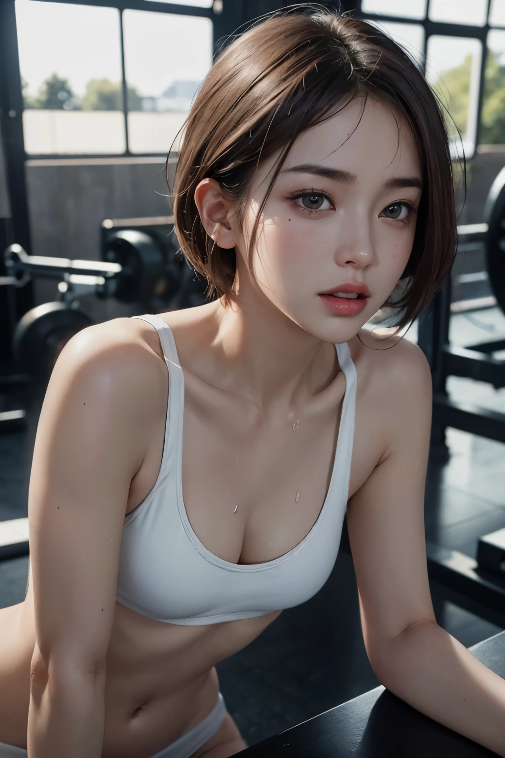 highest quality、masterpiece、ultra high resolution、Full body raw photography、(photorealistic:1.4)、1 girl、detailed face、brown eyes、latest sports gym（based on white）、training、tremendous amount of sweat、Toned body、small chest、provocative wink、Wacky poses、full body angle、short haired、Beautiful Japan actress、Sakimi-chan、cinema light， realistically，best quality， Complex CG，highly detailed face，High detail eyes，