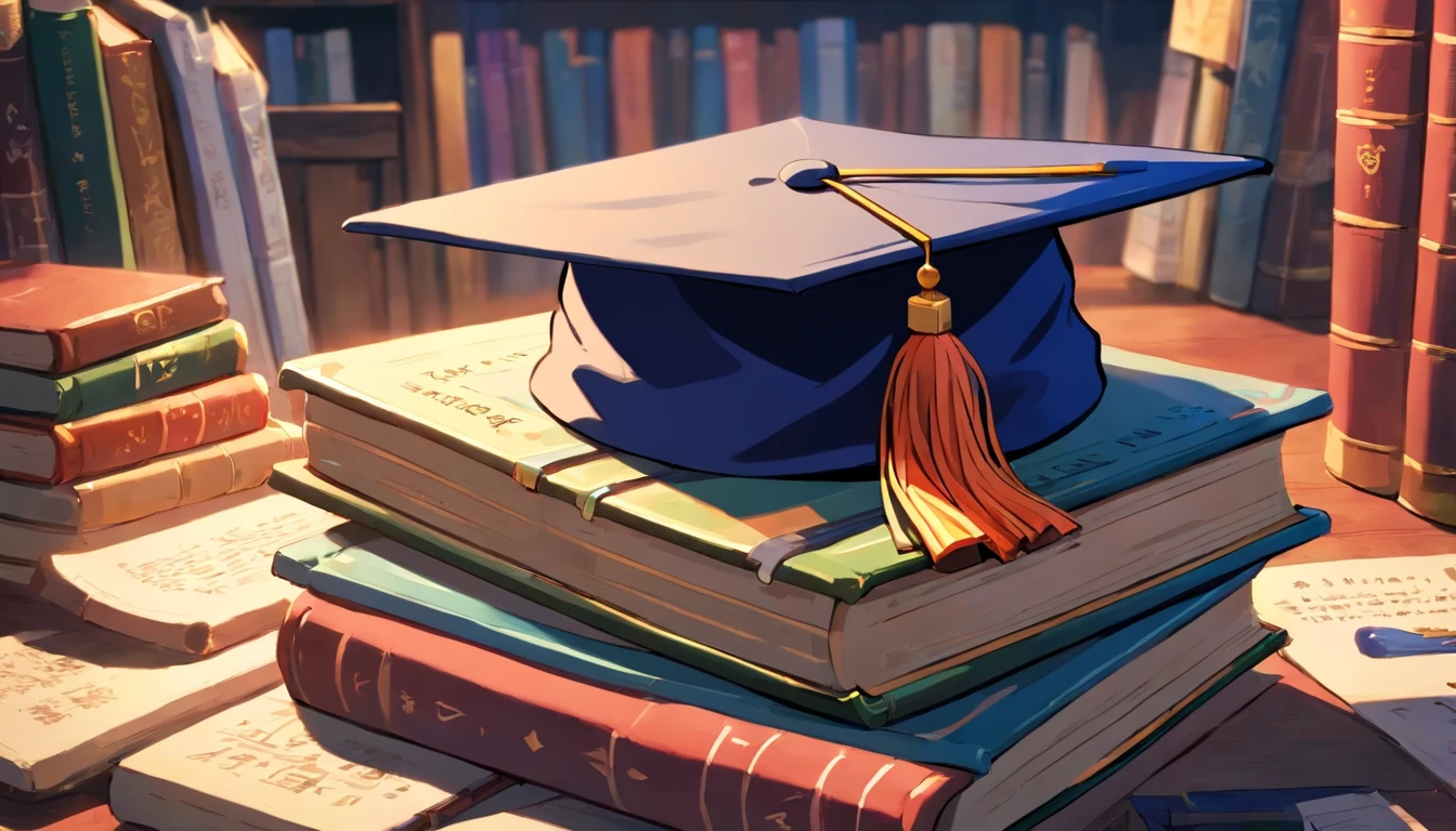 A close-up image showcasing a graduation cap placed on top of a pile of books, symbolizing the culmination of education and the acquisition of knowledge, representing the concept of lifelong learning.