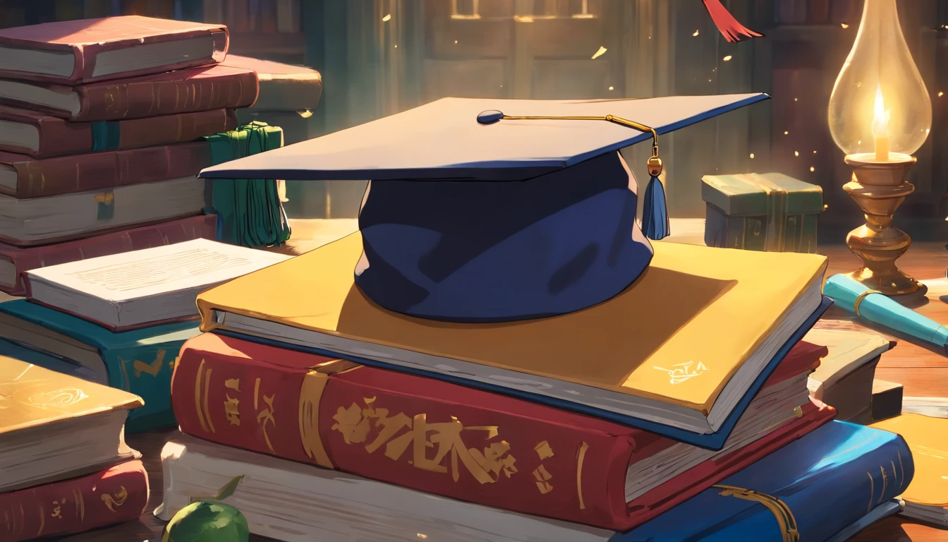 A close-up image showcasing a graduation cap placed on top of a pile of books, symbolizing the culmination of education and the acquisition of knowledge, representing the concept of lifelong learning.