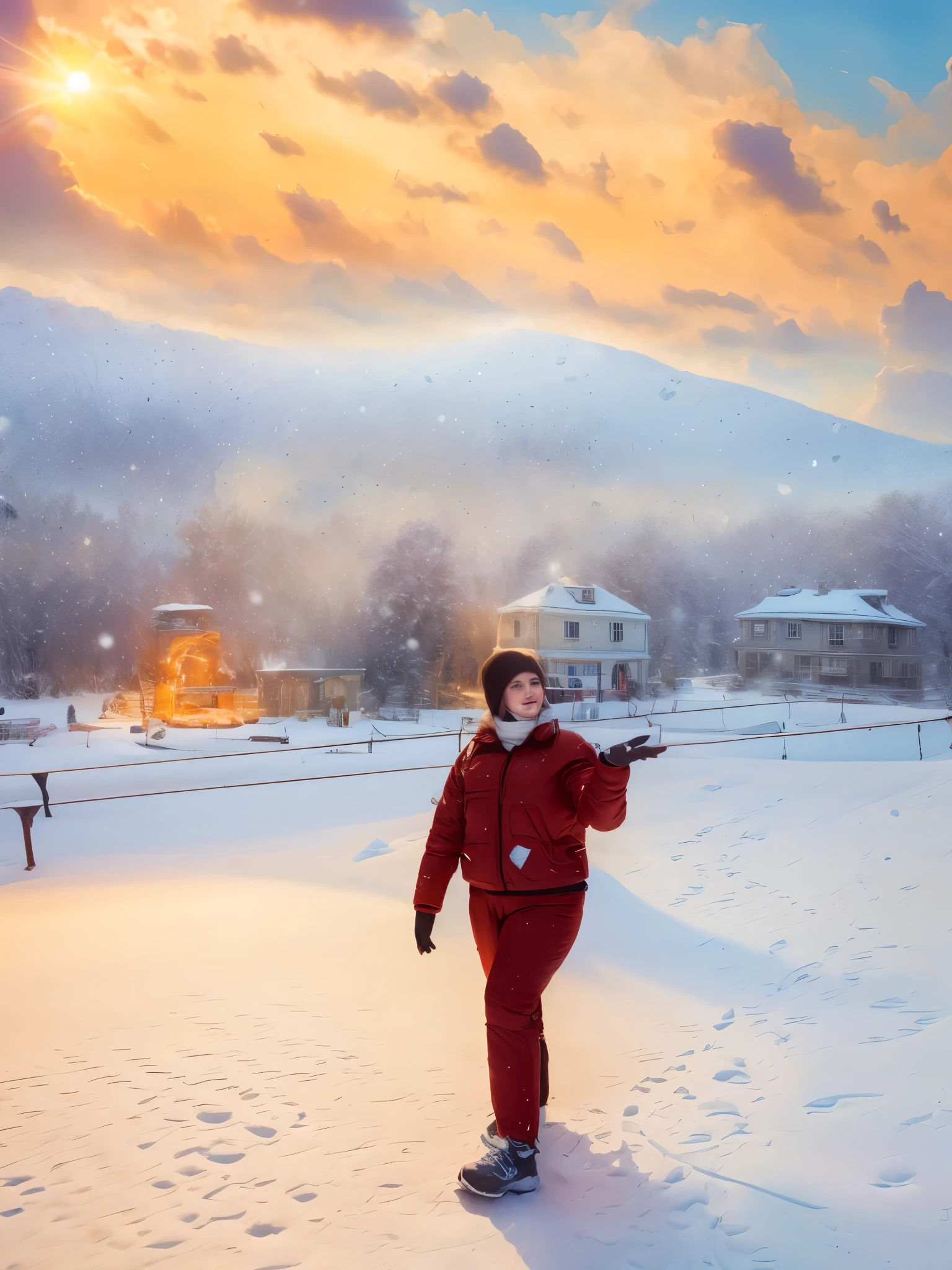 (best quality, 4k, 8k, high resolution, masterpiece: 1.2), ultra-detailed, (realistic, photorealistic, photorealistic: 1.37), girl catching snowflakes, impressionism, winter landscape, golden hour, (winter suit: 1.2), snowy landscape, visible brush strokes, impressionistic style, bright colors, bokeh.