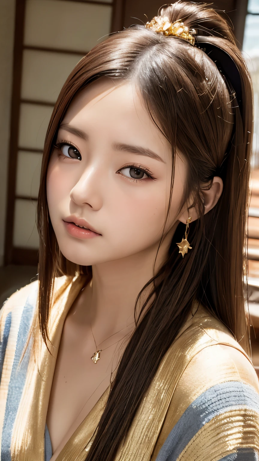 (The highest quality of one asian girl:1.3), with braided hair, brown eyes, (perfect female fingers), female hands, (detailed eyes:1.0), lips, pale skin, brown hair, small eyes, looking at viewer, sensual pose, lying on a bed, glint, blush, hair_flip, (medium breasts), (perfect breasts:1.2), presenting, open clothes, victorian room, perfect face