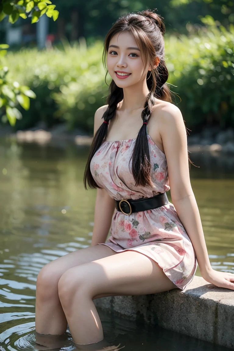 Camera lens,Real-world scenarios,Early morning sun exposure,There is mist,A young and beautiful Asian lady by the river,((sittinng on the river,Feet in the water,Bend down,Hand stirs up water splash)),beautiful smile happy。((The wind blows the skirt and hair,It's ethereal,Windy)) Scenes from the 80s,loose floral dress,High cut and high waist exposing thighs,Twist braids,Larger buttocks,The hips are wide,thin waist,Realistic skin texture,There is a flock of ducks in the river,The water is rippling,blur background,dynamic poses,Ray tracing,Best results,high resolution,masterpiece,More intricate details,Beautiful scene。