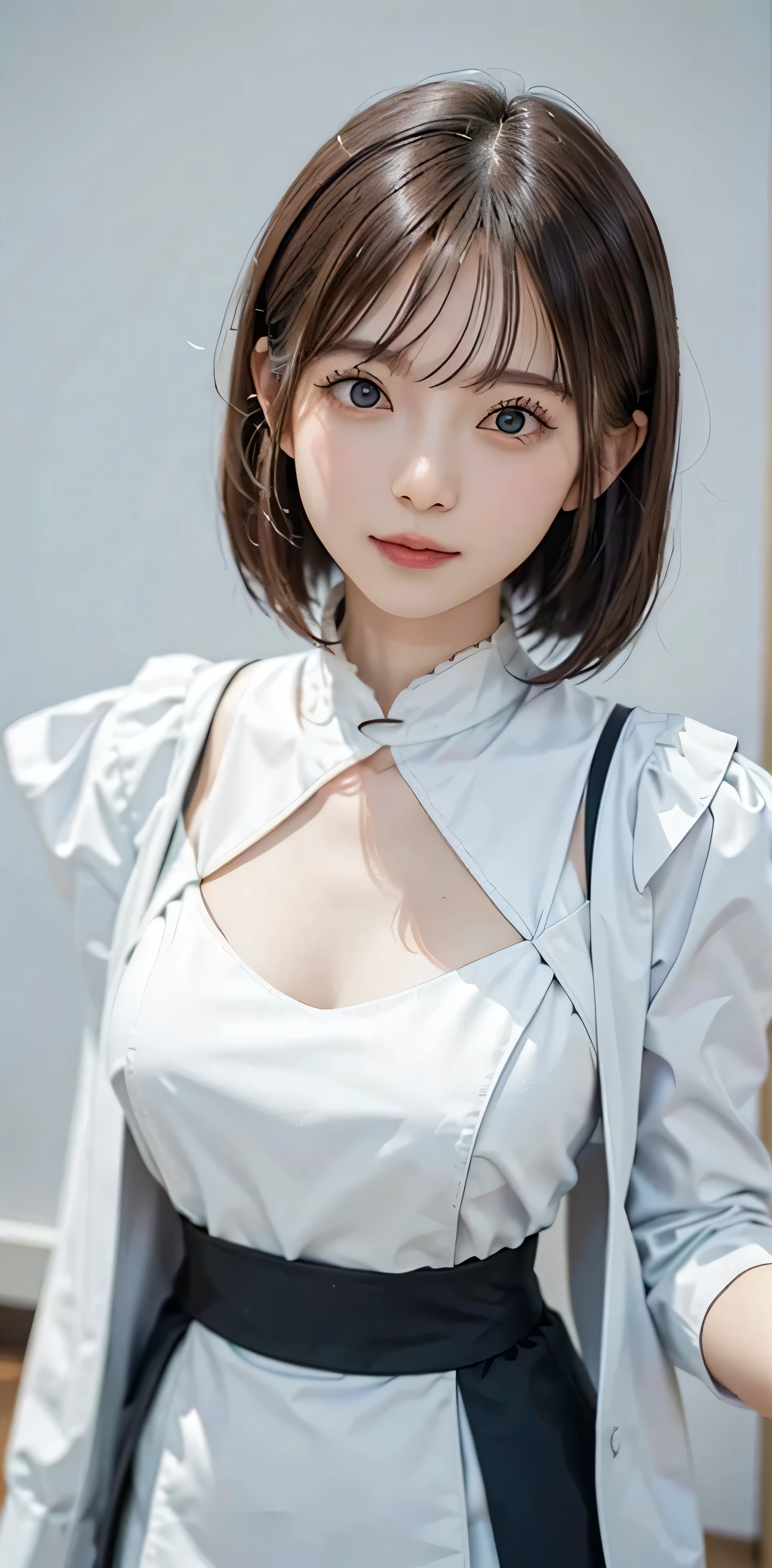 tmasterpiece, 1 beutiful girl, Detailed eyes, puffy eye, Best quality at best, hyper HD, (Realistis: 1.4), RAW photogr, 1girll, cinmatic lighting, jpn, a asian beauty, Korea, Super beautiful, Beautiful skins, slim, body facing the front, (Ultra photo realsisim), (A high resolution), (8K), (The is very detailed), (Most Best Illustration), (美丽细致的眼睛), (ultra - detailed) , 详细的脸, looking at viewert, Staring straight ahead, Neat clothes, 无袖,short detailed hair,brunette color hair,46-point diagonal bangs,The room is based on a white background tone,Neat atmosphere,Bigchest,Natural big breasts,Mouth open