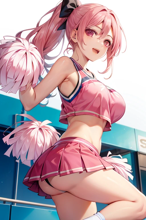 (細かく描かれたbeautiful目: 1.2), (small eyes and small face:1.3), (beautiful and clear background:1.2), (とてもbeautiful: 1.1), very detailed, sharp focus, intricate details, Glossy skin、dense hair description, detailed eye description, high quality, best image quality, master piece, 最high quality, High resolution, super detailed, one woman, ((Pink hair and pink eyes)), (Cheerleader:1.5), (pom pom:0.8), I'm rooting for you, (best smile), Angle of looking up、big breasts、perfect style、世界一beautiful、an illustration of a girl dressed in a cheer leading outfit poses for the camera in a yard, 1 girl, alone, pom pom (cheer leading), Cheerleader, pink shoes, pink skirt, raise your arms, absurd, 8K, High resolution, super detailed, beautiful, table top, 最high quality, very cute woman, young, sexy, (very big breasts:1.5), detailed woman&#39;s face, very attractive、Basketball court