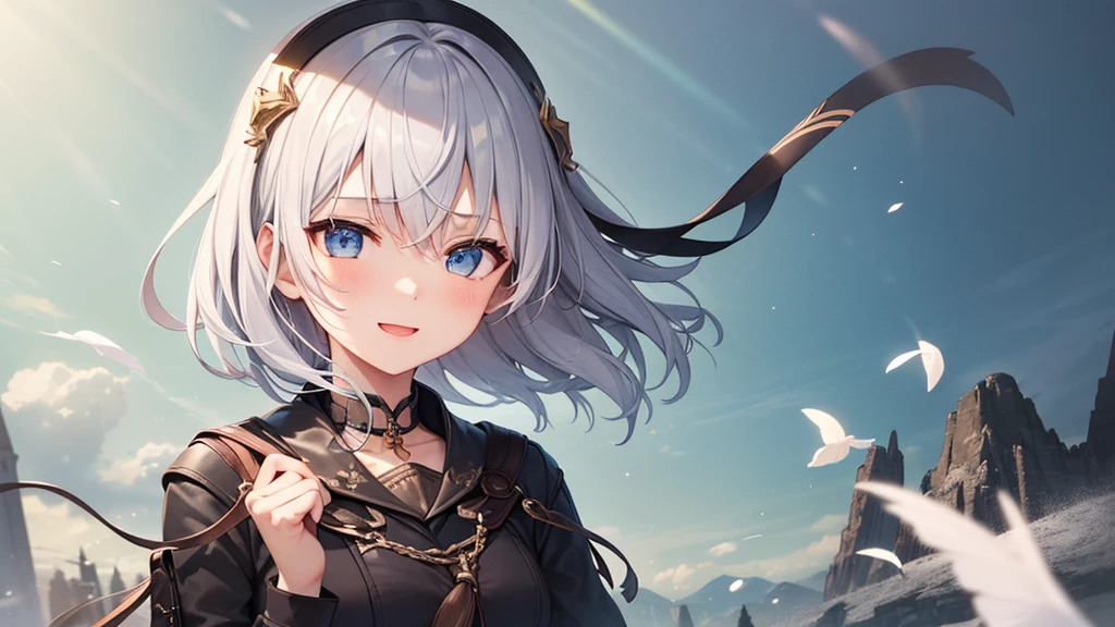 super high quality, with a girl, 20-year-old, とてもshort hair, long bangs between the eyes, pale blue eyes , blue sky, sunlight, very detailed,(masterpiece、highest quality)、alone、gray hair、laughter、White skin as clear as snow、fantasy, silver hair, black eye, beautiful eyes,smile, ecstasy, charm, be smitten with audience, short hair,fantasyな風景,