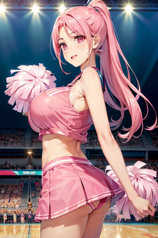 (細かく描かれたbeautiful目: 1.2), (small eyes and small face:1.3), (beautiful and clear background:1.2), (とてもbeautiful: 1.1), very detailed, sharp focus, intricate details, Glossy skin、dense hair description, detailed eye description, high quality, best image quality, master piece, 最high quality, High resolution, super detailed, one woman, ((Pink hair and pink eyes)), (Cheerleader:1.5), (pom pom:0.8), I'm rooting for you, (best smile), Angle of looking up、big breasts、perfect style、世界一beautiful、an illustration of a girl dressed in a cheer leading outfit poses for the camera in a yard, 1 girl, alone, pom pom (cheer leading), Cheerleader, pink shoes, pink skirt, raise your arms, absurd, 8K, High resolution, super detailed, beautiful, table top, 最high quality, very cute woman, young, sexy, (very big breasts:1.5), detailed woman's face, very attractive、Basketball court
